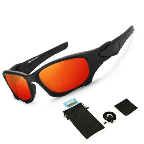 A pair of black polarized sports sunglasses with orange lenses and a black protective case.