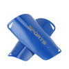 A blue soccer shin guard is shown from the side, featuring the word SPORTS printed on it.