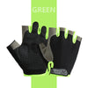 A pair of black and gray breathable half-finger sport gloves shown against a green background.