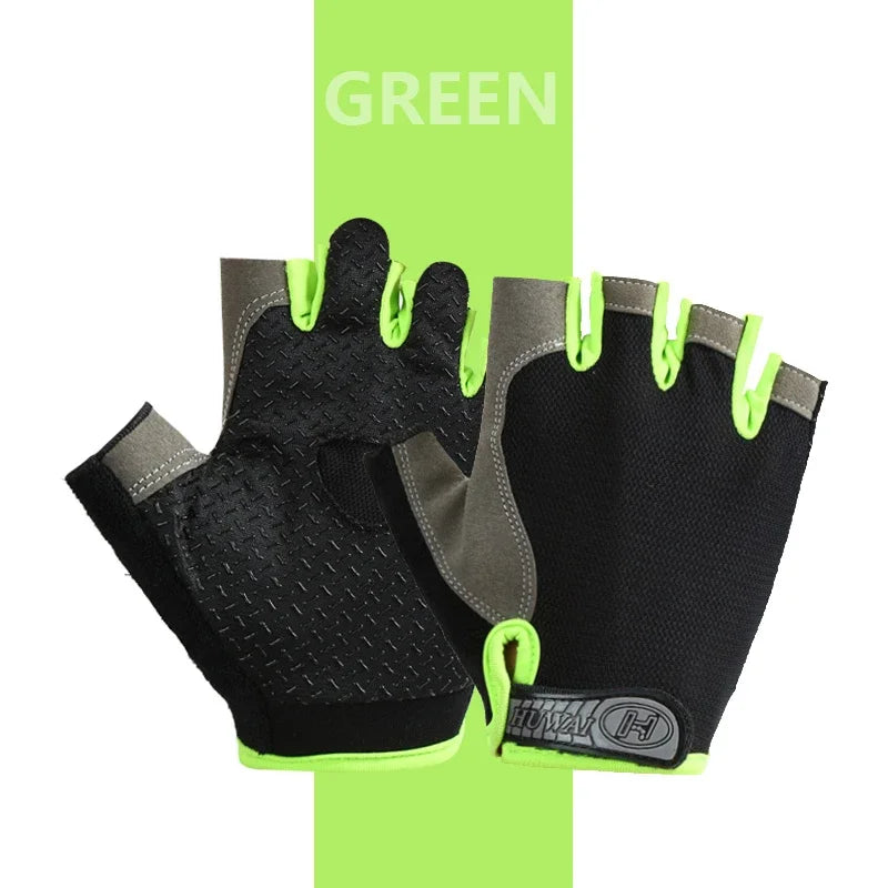 A pair of black and gray breathable half-finger sport gloves shown against a green background.