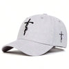 A light gray unisex embroidered snapback baseball cap with black text on the front.