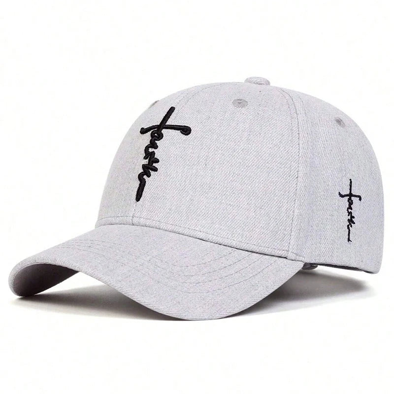 A light gray unisex embroidered snapback baseball cap with black text on the front.