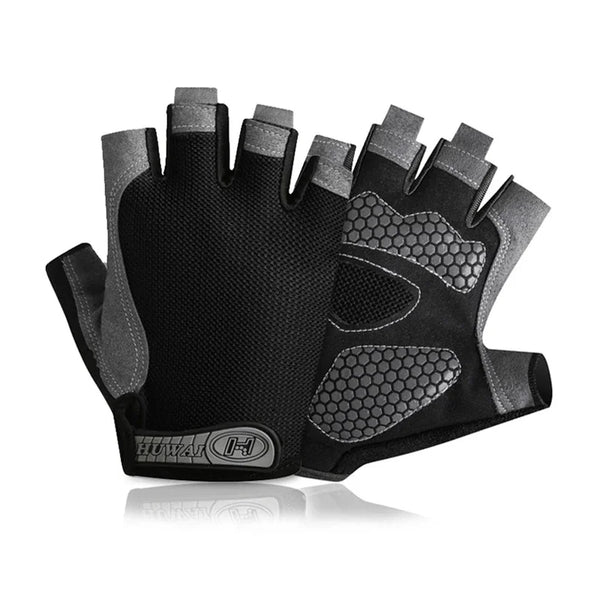 Black breathable half-finger sport gloves for cycling and exercise shown from above
