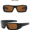 Brown camo sunglasses shown in a pair, viewed from the front and side.