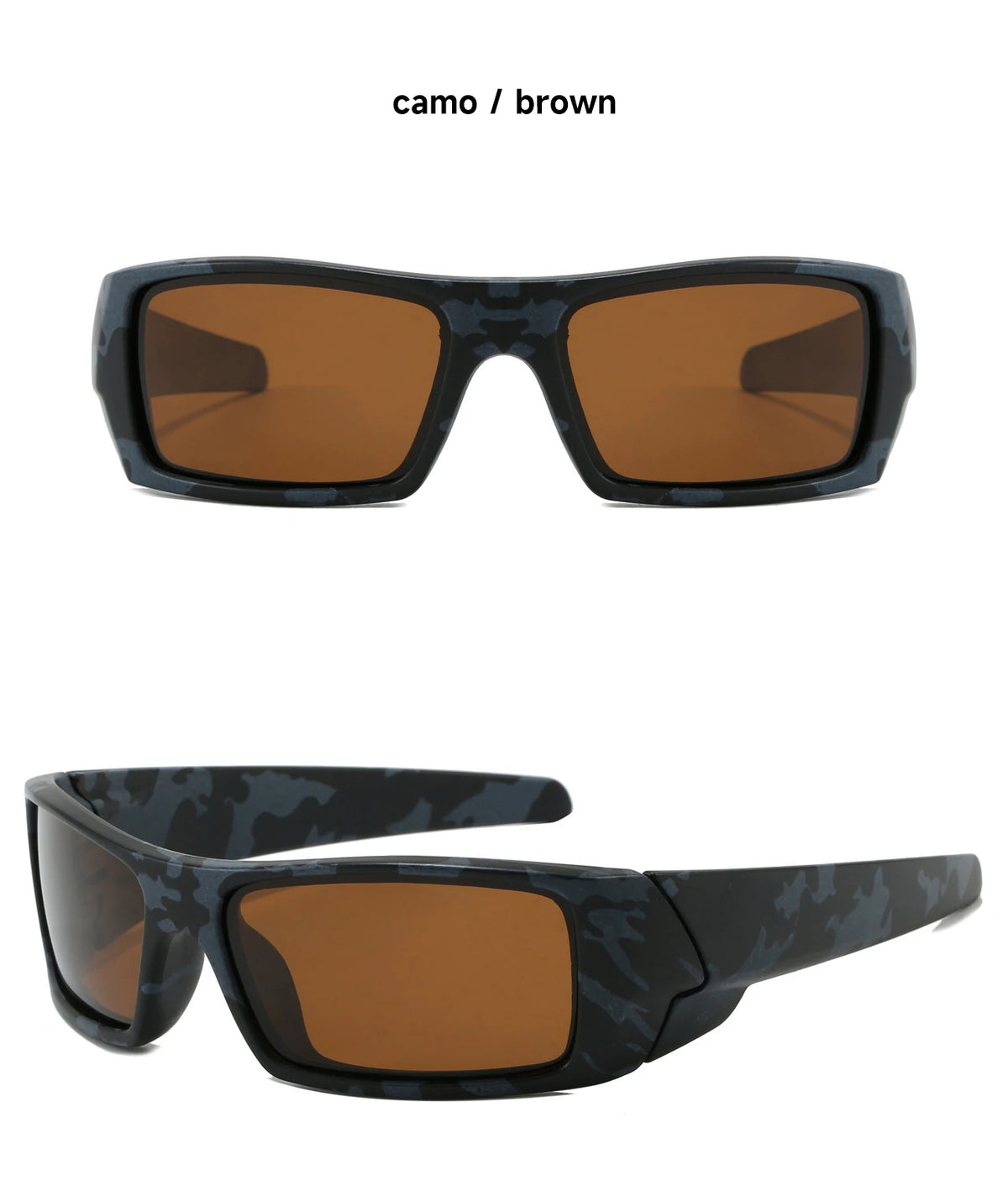 Brown camo sunglasses shown in a pair, viewed from the front and side.