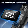 Tactical LED flashlight showing a real-time 100% battery level display on its screen.
