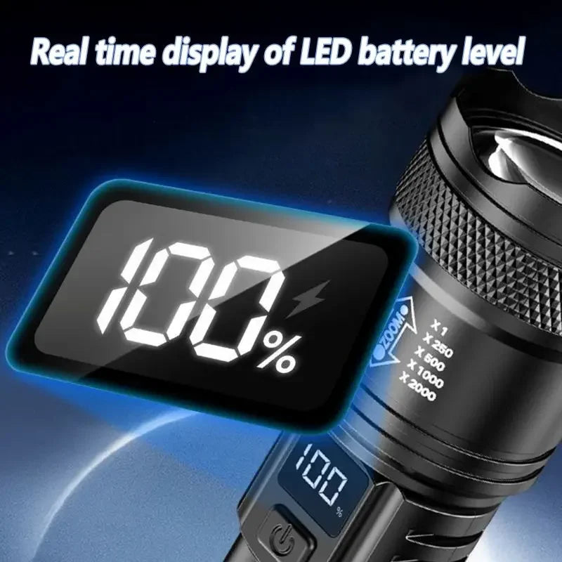 Tactical LED flashlight showing a real-time 100% battery level display on its screen.