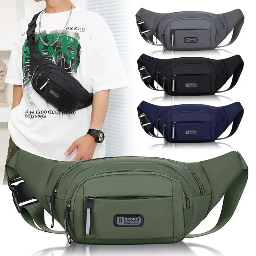 A collection of black, navy blue, and olive green durable nylon waist bags shown in various angles.