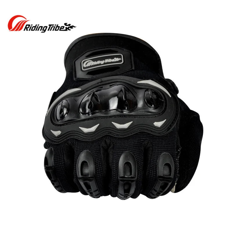 Black durable full finger motorcycle riding gloves with a padded palm and wrist strap.