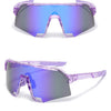 Lila modische Sonnenbrille mit spiegelnden Linsen in Vogelperspektive.