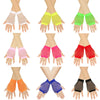 A collection of mesh fingerless gloves in various colors including white, yellow, green, pink, red, and black.