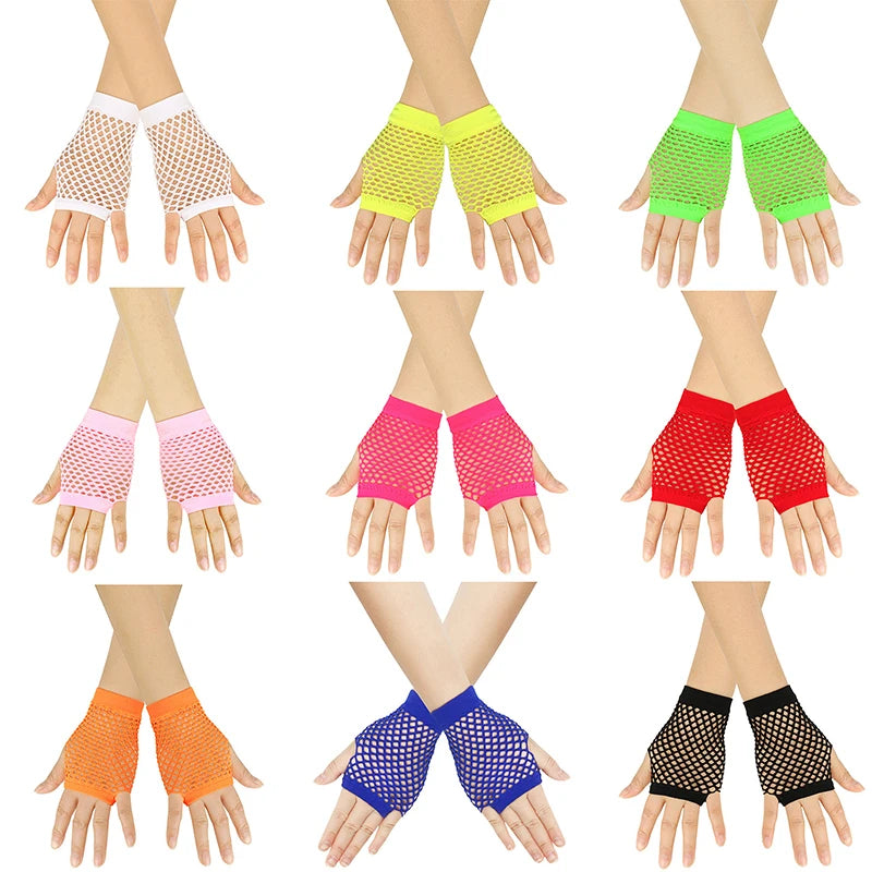 A collection of mesh fingerless gloves in various colors including white, yellow, green, pink, red, and black.