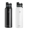 A black insulated stainless steel thermal water bottle and a white version of the same product.