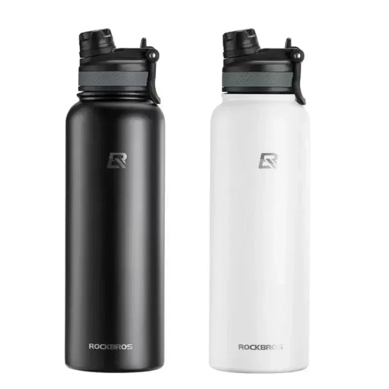 A black insulated stainless steel thermal water bottle and a white version of the same product.