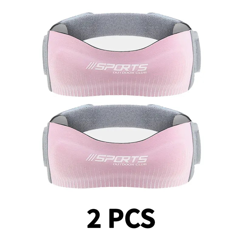Two pink and gray adjustable knee straps for tendon support