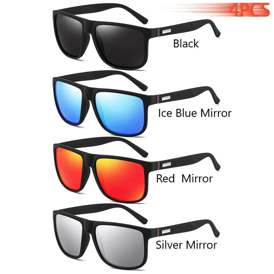 A set of four square sunglasses in black, ice blue mirror, red mirror, and silver mirror finishes.