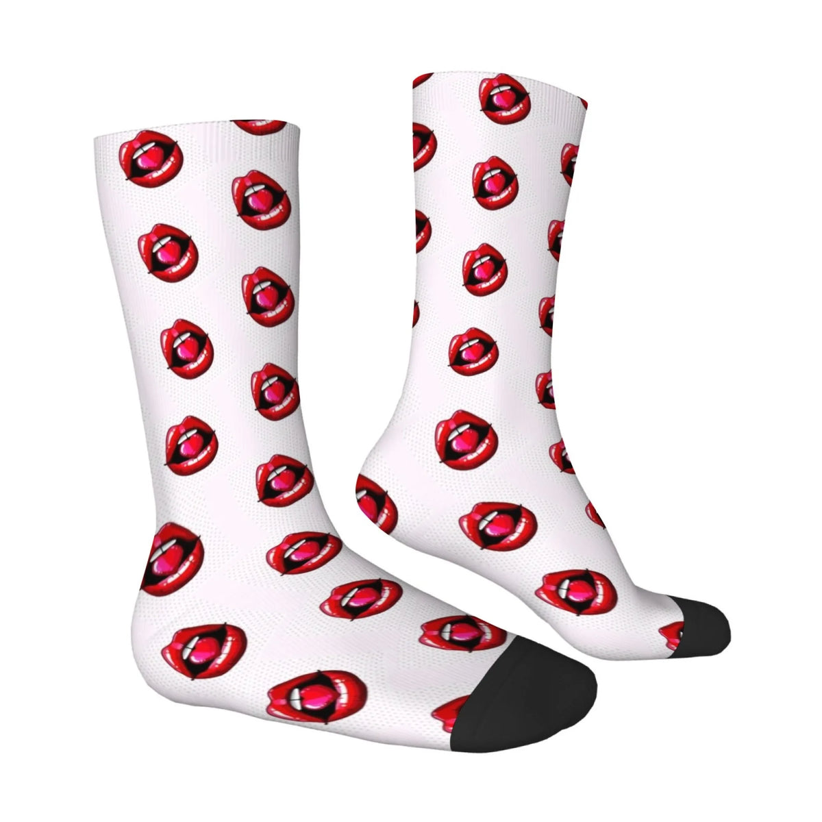 Mid-calf socks with a repeating pattern of red lips on a white background
