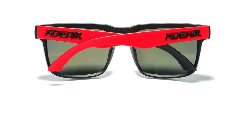 Rote und schwarze polarisierte Sonnenbrille mit KDEAM-Branding