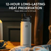 A white insulated stainless steel thermal water bottle is shown standing on a wooden surface.