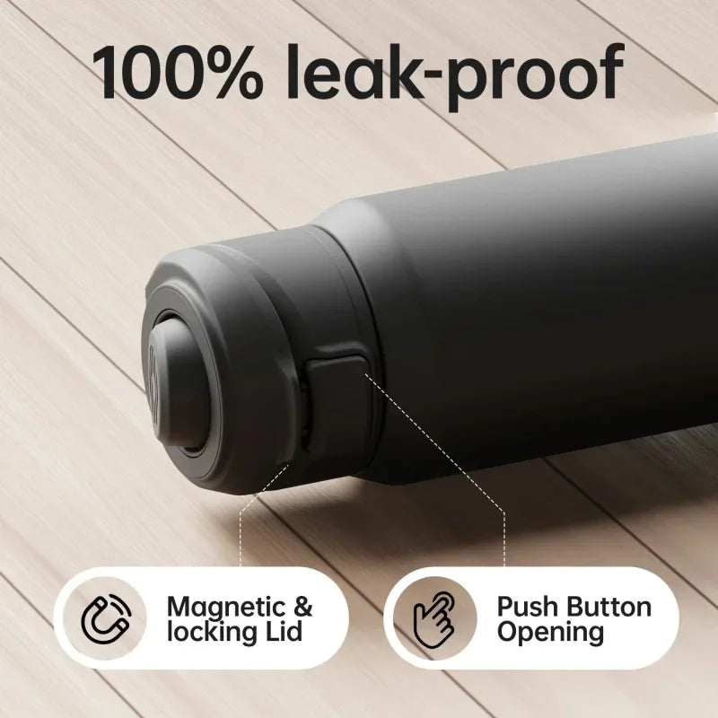 Black insulated stainless steel sports water bottle with a magnetic and push button opening lid