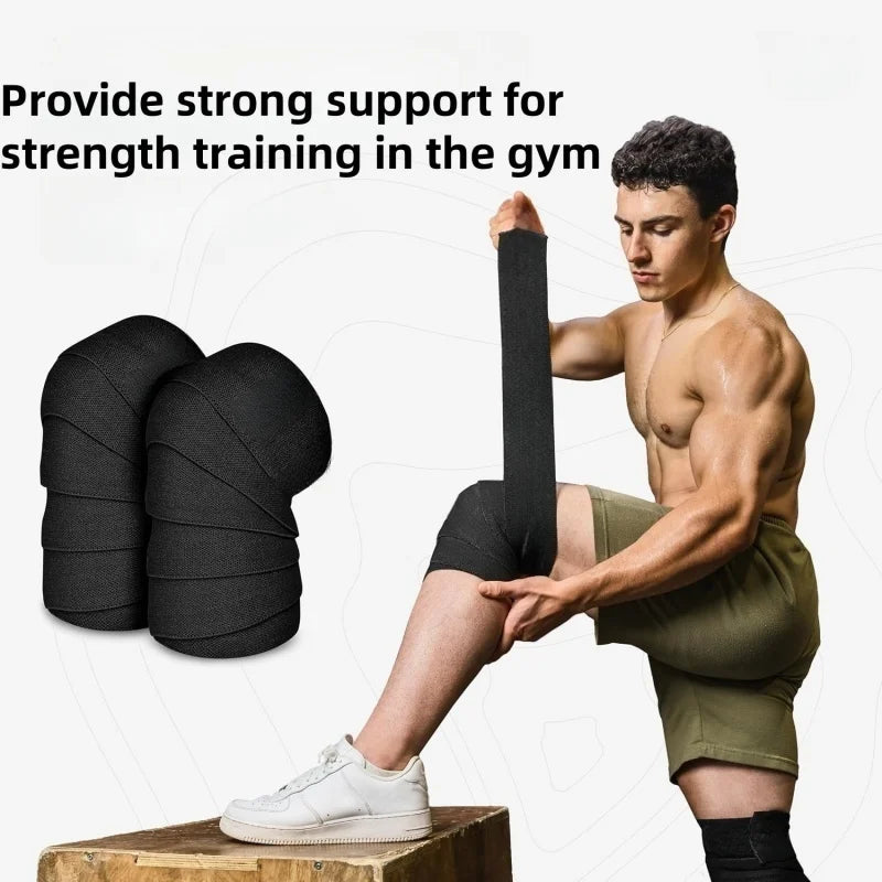 A muscular man demonstrates the use of black knee wraps for strength training in a gym setting.