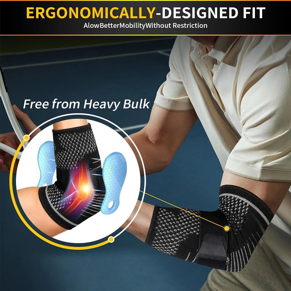 Une personne porte une manche de compression ergonomique avec un coussin de gel pour le soutien des articulations.