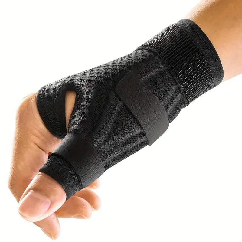 A hand is wearing a black therapeutic thumb brace for joint pain relief.