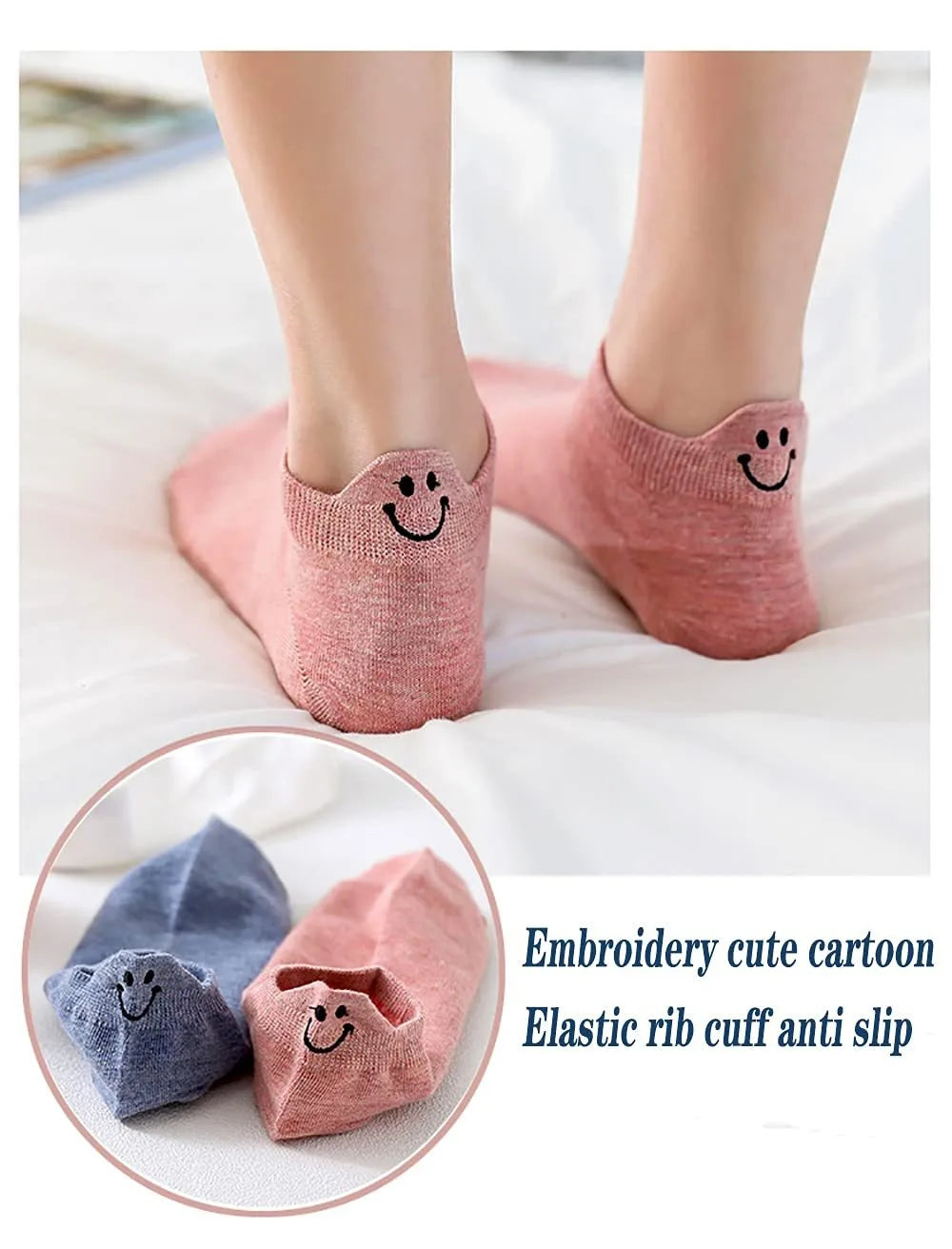 Calcetines de tobillo elásticos de punto rosa antideslizantes con caras sonrientes bordadas