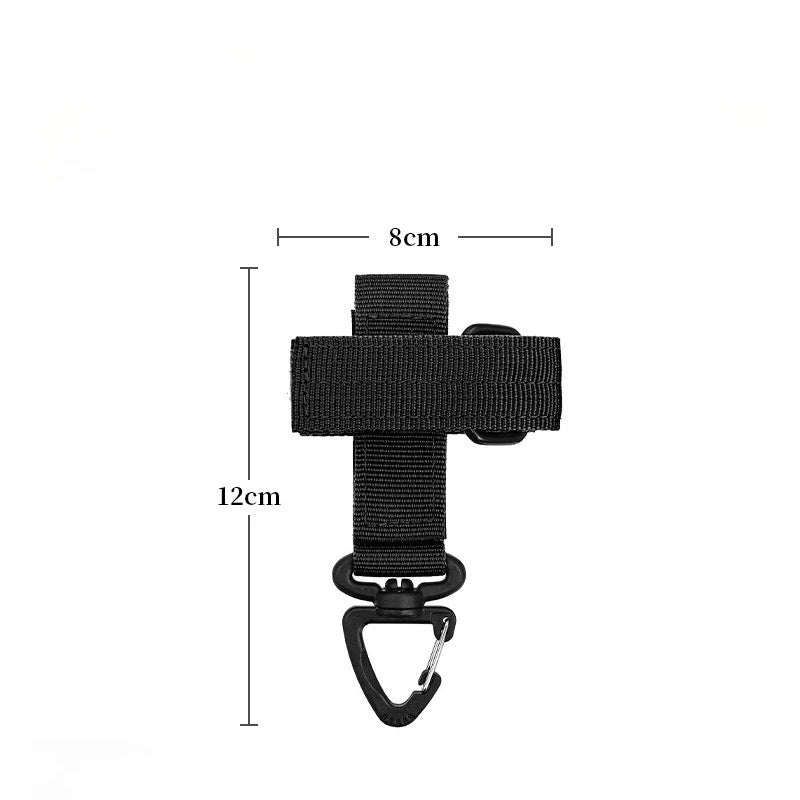 Black tactical nylon glove hook with adjustable strap and carabiner for storage or climbing
