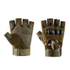 A pair of olive green tactical gloves with padded fingers and a camouflage palm design.