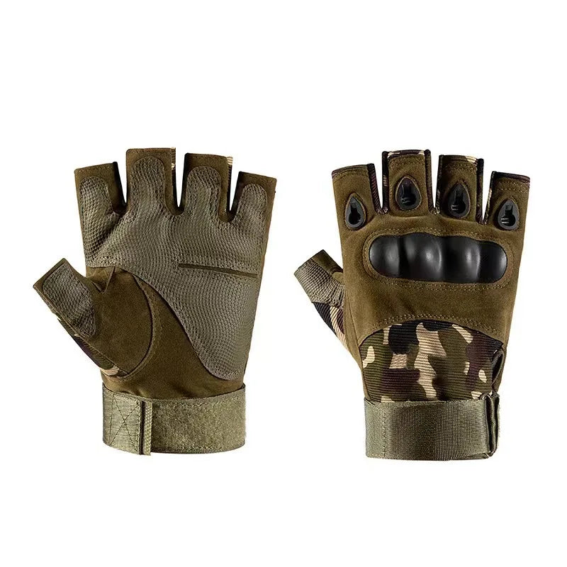 A pair of olive green tactical gloves with padded fingers and a camouflage palm design.