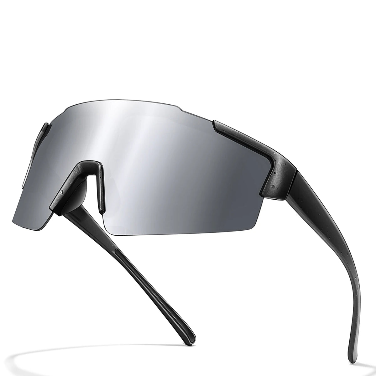 A pair of sleek, black cycling sunglasses with reflective lenses shown against a white background.