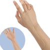 Eine Hand trägt einen beigen Kinesiotaping-Sleeve am Unterarm, gezeigt neben einer kreisförmigen Inset.
