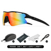 A pair of orange-tinted sports sunglasses with black frames shown in a product package.