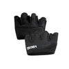 Black ergonomic anti-slip gym lifting gloves shown from the palm side.