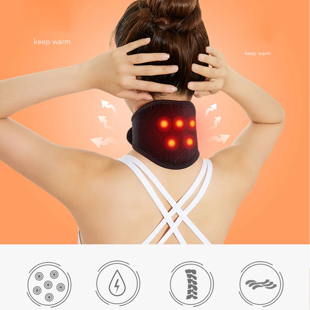 A person is applying a self-heating neck support brace to the back of their neck, showing the red heating elements.