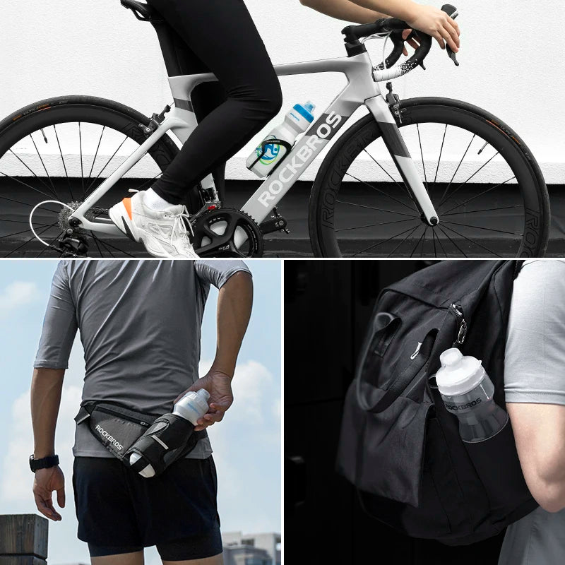 Une personne faisant du vélo avec un porte-bouteille et une bouteille d'eau séparée.