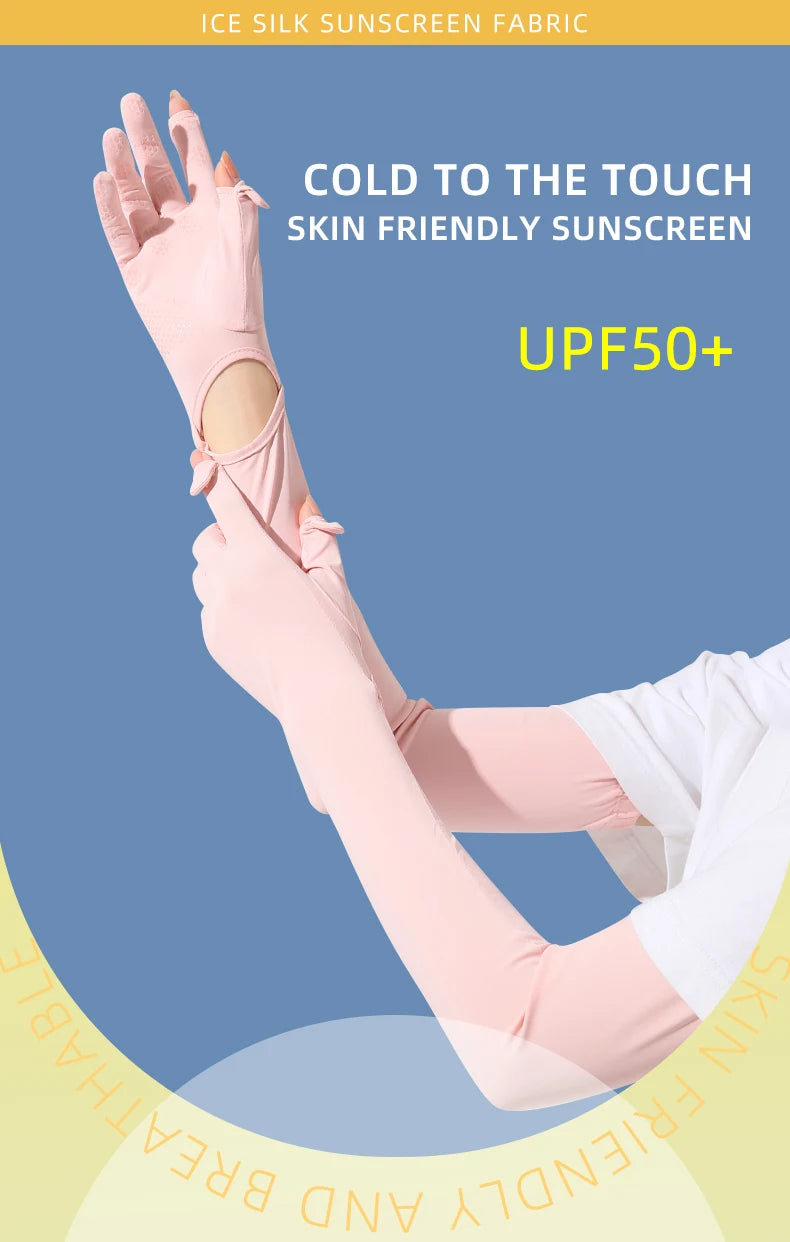 Pink ice silk sunscreen fabric arm sleeves shown on a hand, demonstrating cold to the touch skin friendly sun protection.