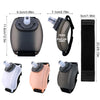A set of silicone wrist hydration bottles in black, pink, and gray with various sizes and attachments.