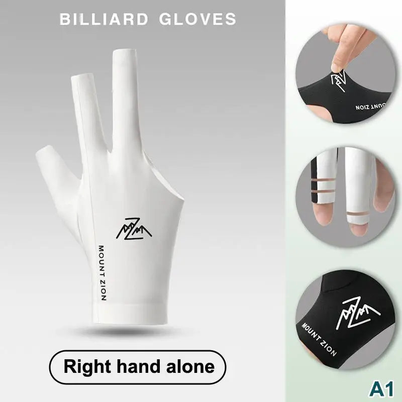 White billiard gloves shown from the top, with variations in color and design for right hand use.