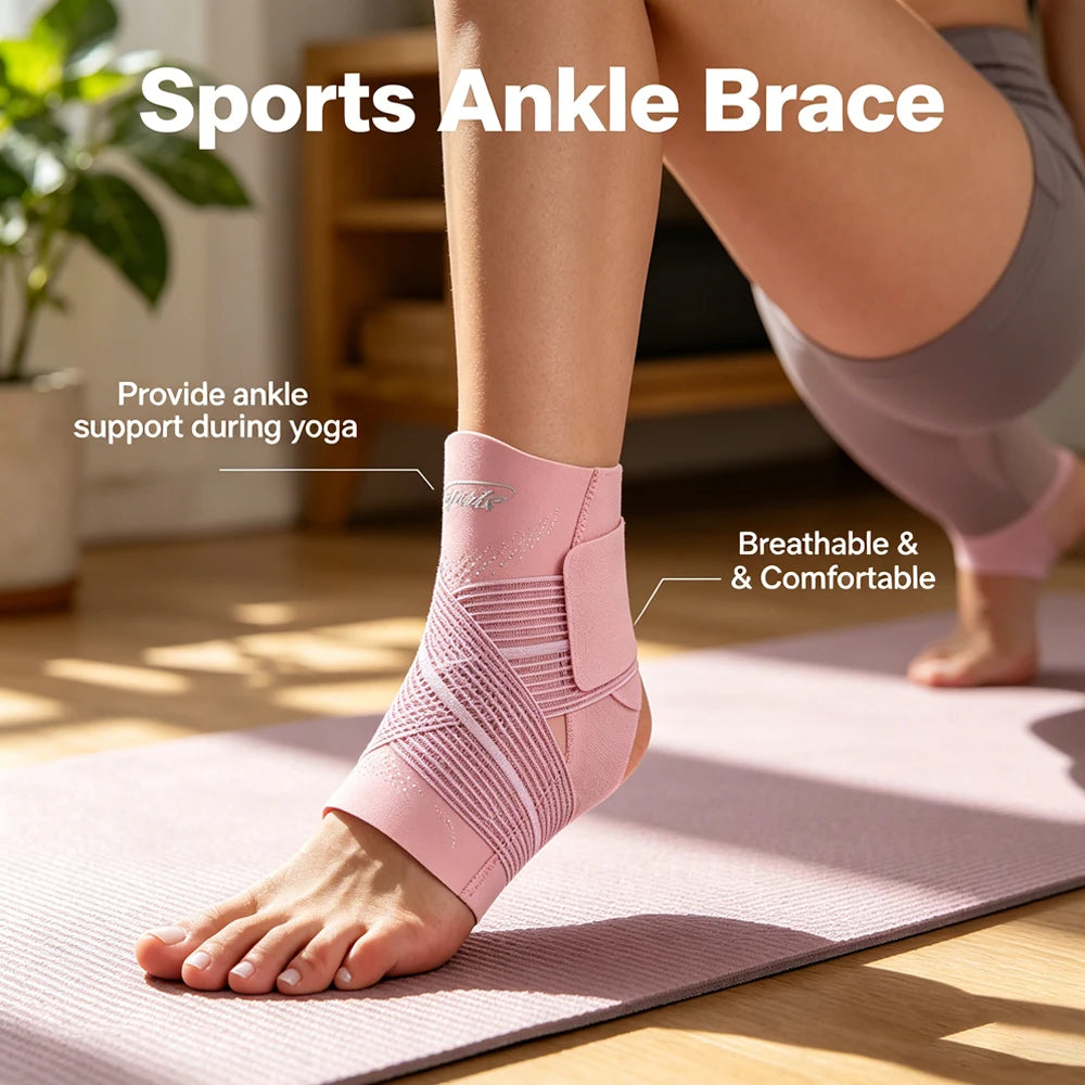 A person wearing a pink sports ankle brace while practicing yoga on a pink mat.