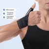 A hand wearing a black wrist brace with adjustable tightness and mild support features.