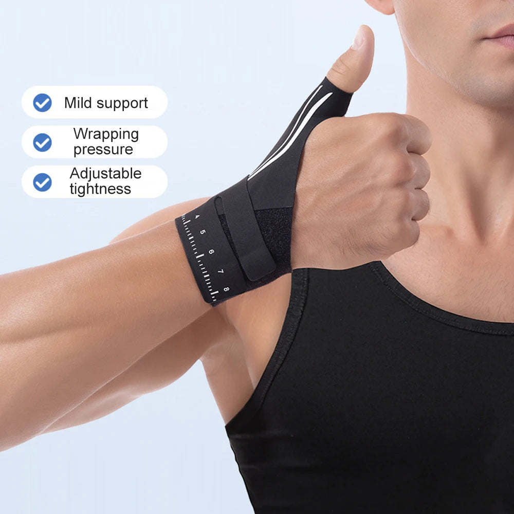 A hand wearing a black wrist brace with adjustable tightness and mild support features.