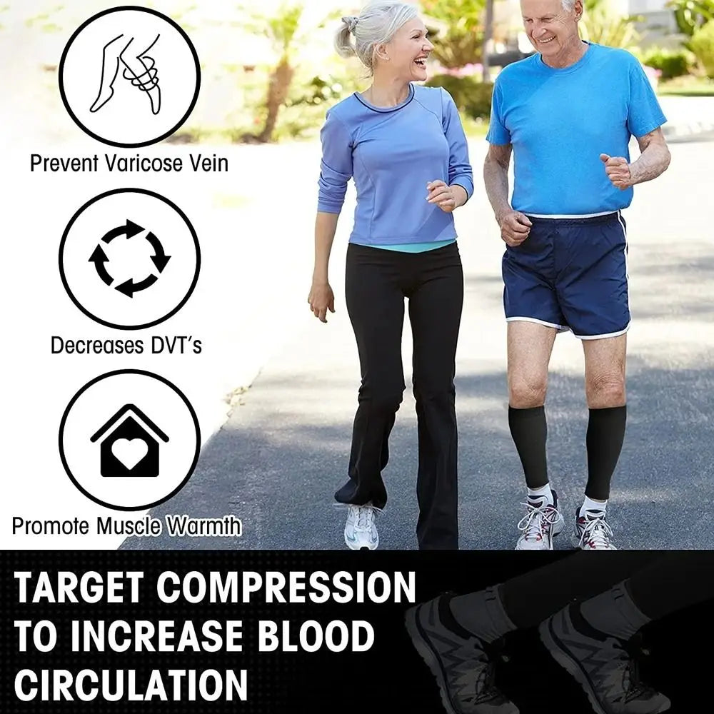 Two older adults are shown exercising, with icons indicating the prevention of varicose veins, reduced DVT risk, and muscle w