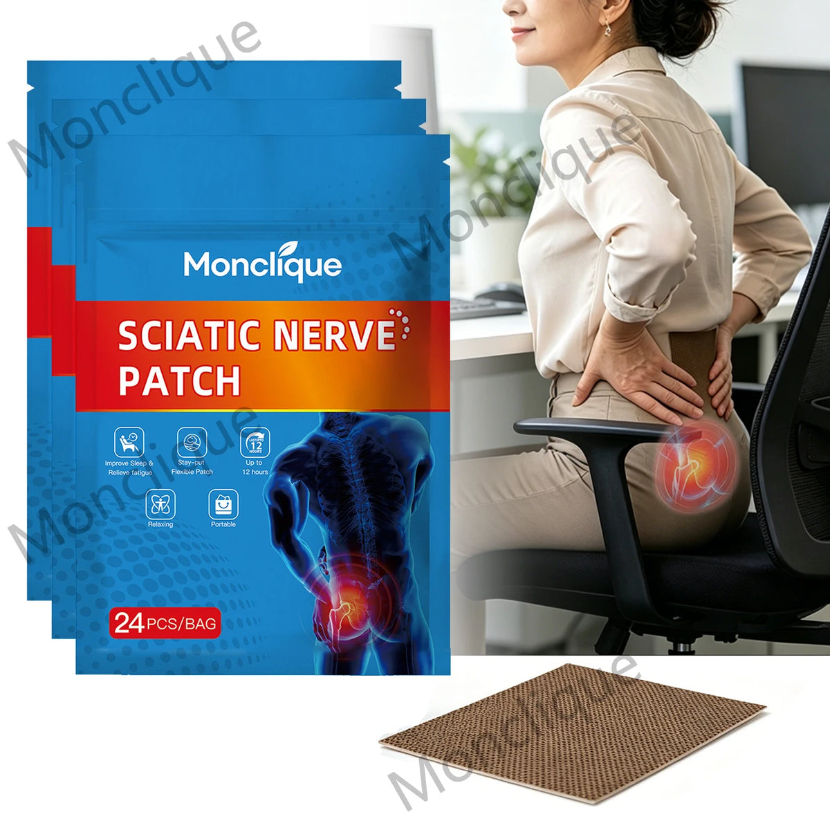 A package of Monclique sciatic nerve patches shown next to a person applying the patch on their leg.