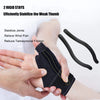 A hand is wearing a black wrist brace designed to stabilize joints and relieve wrist pain.