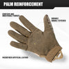 A close-up view of brown palm reinforcement tactical combat gloves made from stretchable fabric and microfiber artificial lea