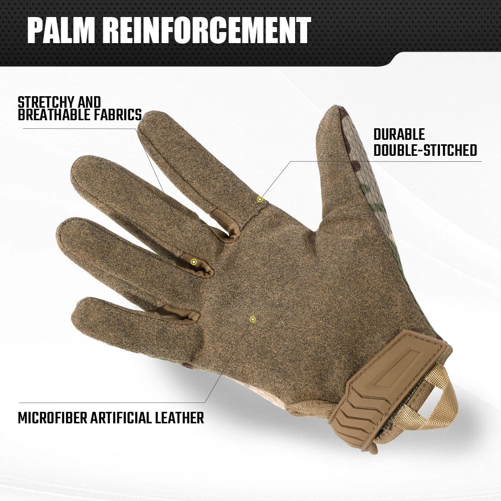 A close-up view of brown palm reinforcement tactical combat gloves made from stretchable fabric and microfiber artificial lea