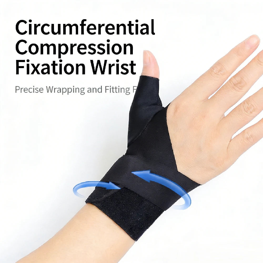 A hand wearing a black circumferential compression wrist fixation wrist brace.