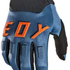 A pair of heavy duty full finger off-road motorcycle gloves in blue and black.
